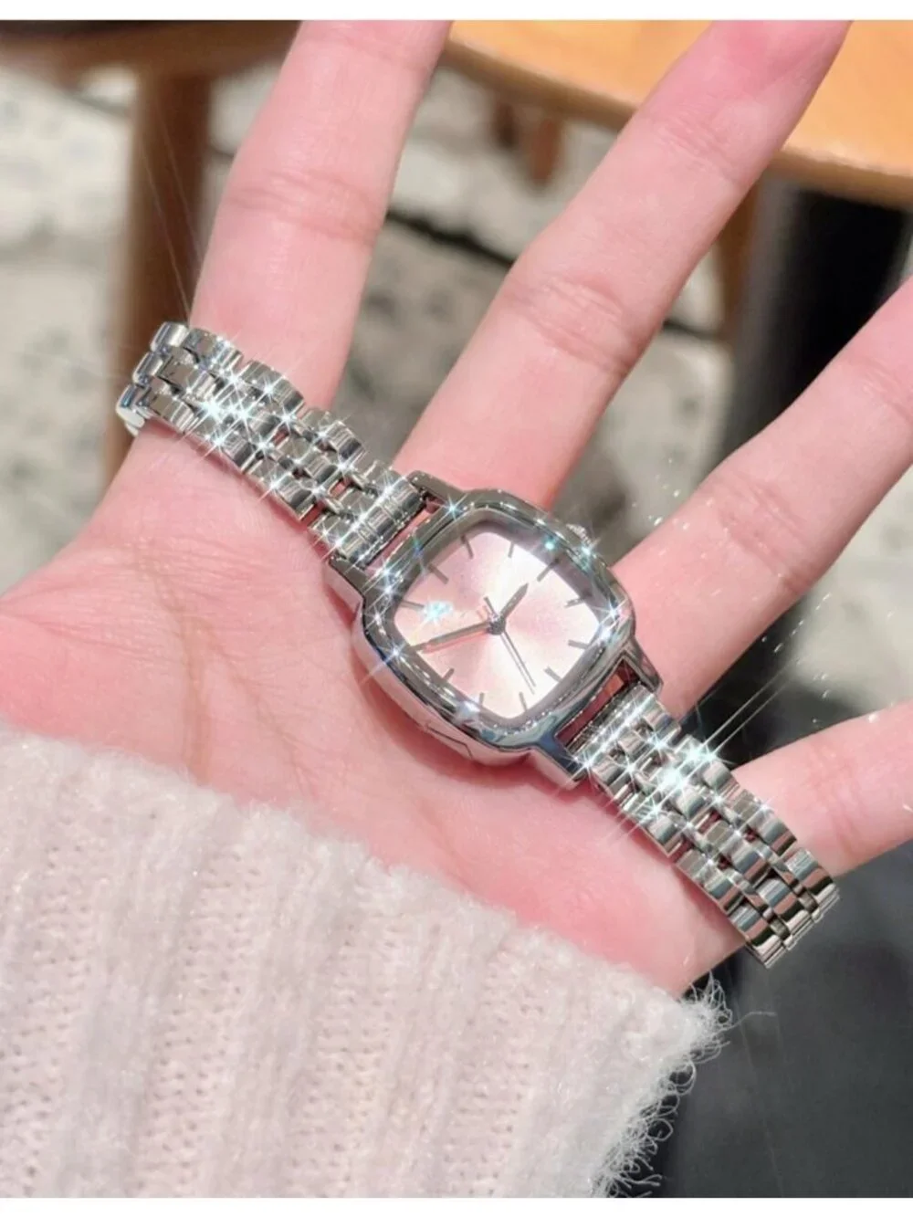 Women's Silver Pink Steel Strap Casual Fashion Simple Square Quartz Wrist Watch